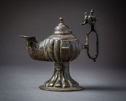 Bronze Oil Lamp with Silver Inlay, 11th Century CE - 13th Century CE