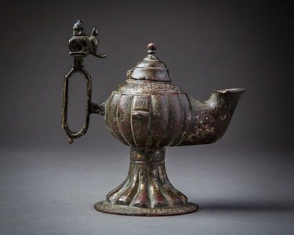 Bronze Oil Lamp with Silver Inlay, 11th Century CE - 13th Century CE