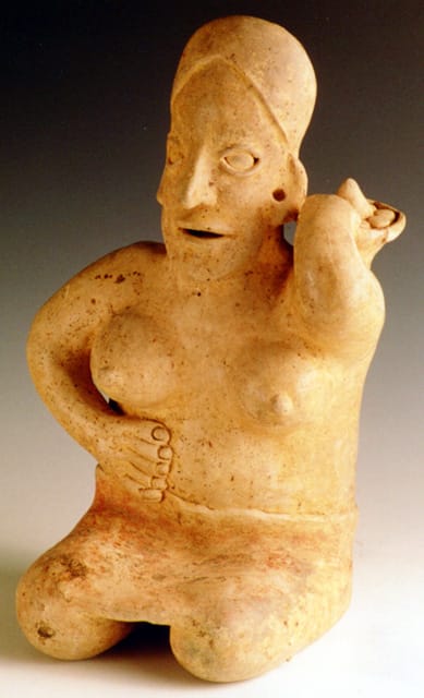 Ameca-Ezatlán Style Jalisco Sculpture of Kneeling Woman Holding Offering Basket, 300 BCE - 300 CE
