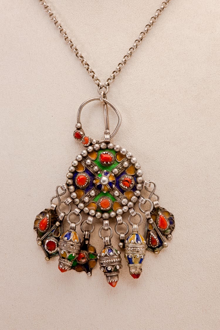 Silver multicoloured cloisonné pendant on short chain