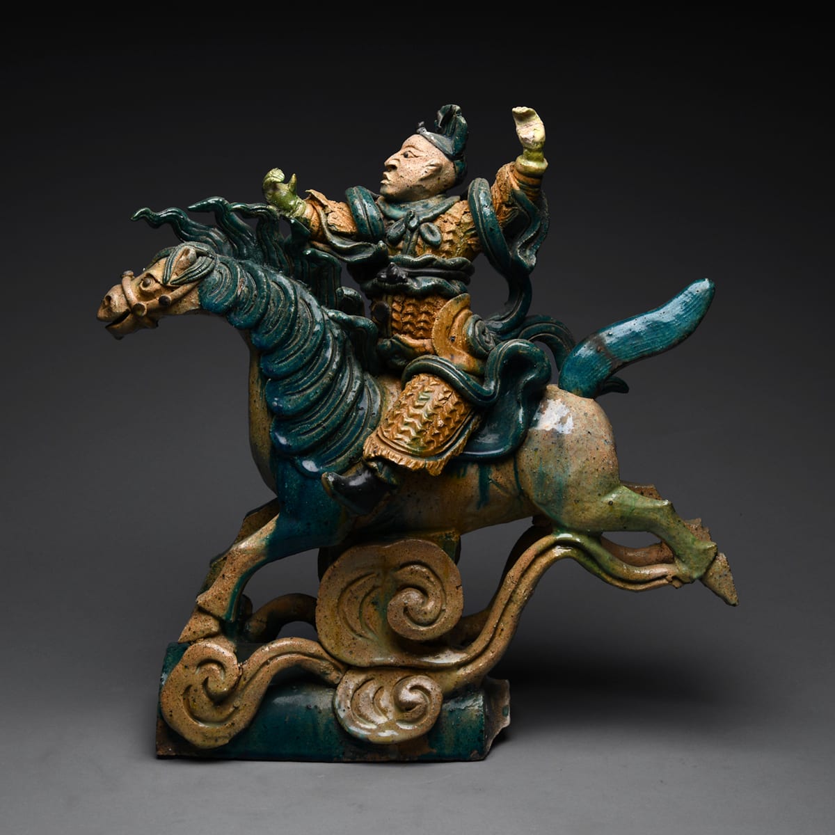 Ming Glazed Terracotta Temple Roof Tile Depicting a Horse and Rider, 1368 CE - 1644 CE