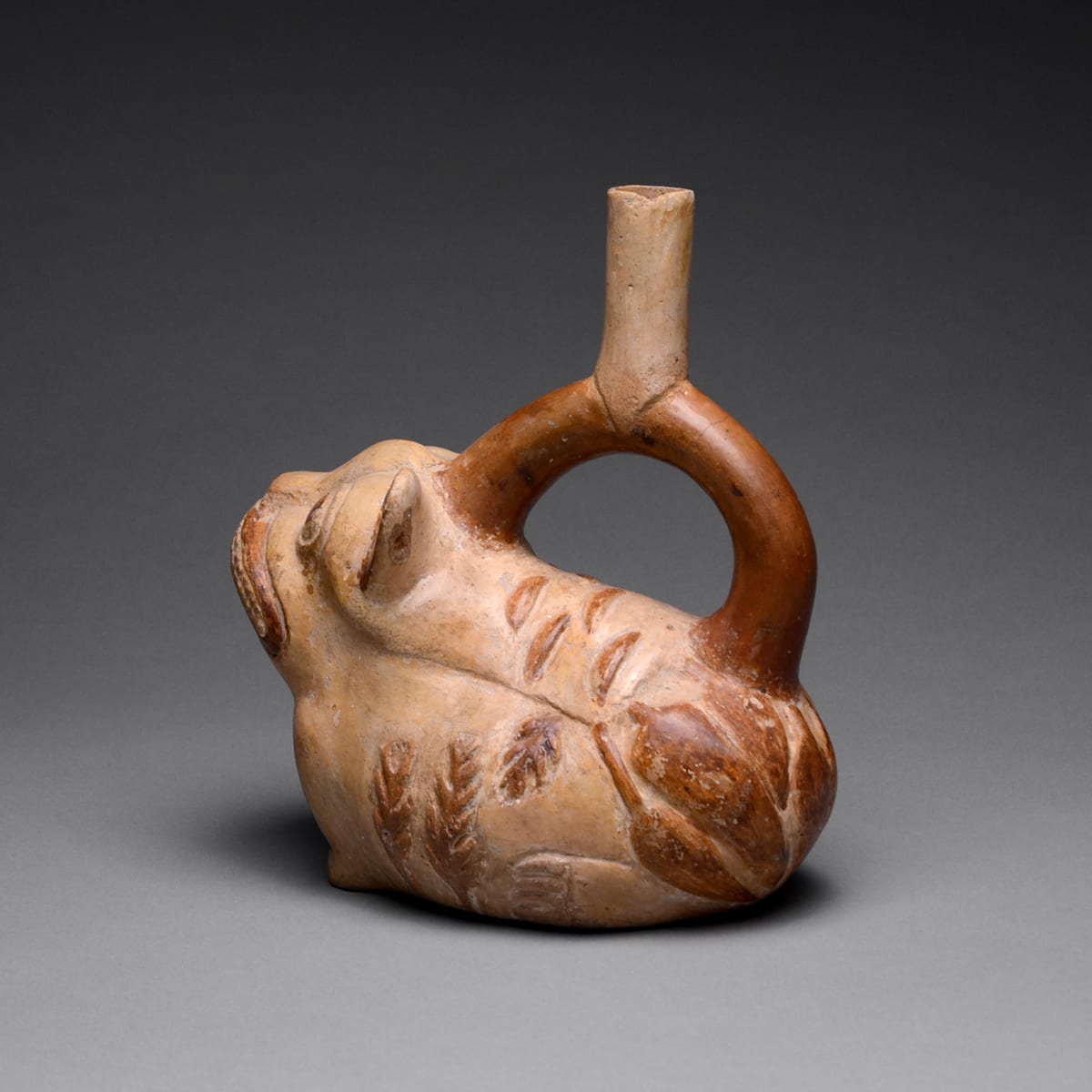 Moche Feline Effigy Vessel with Vegetable Motifs, 200 BCE - 1 CE
