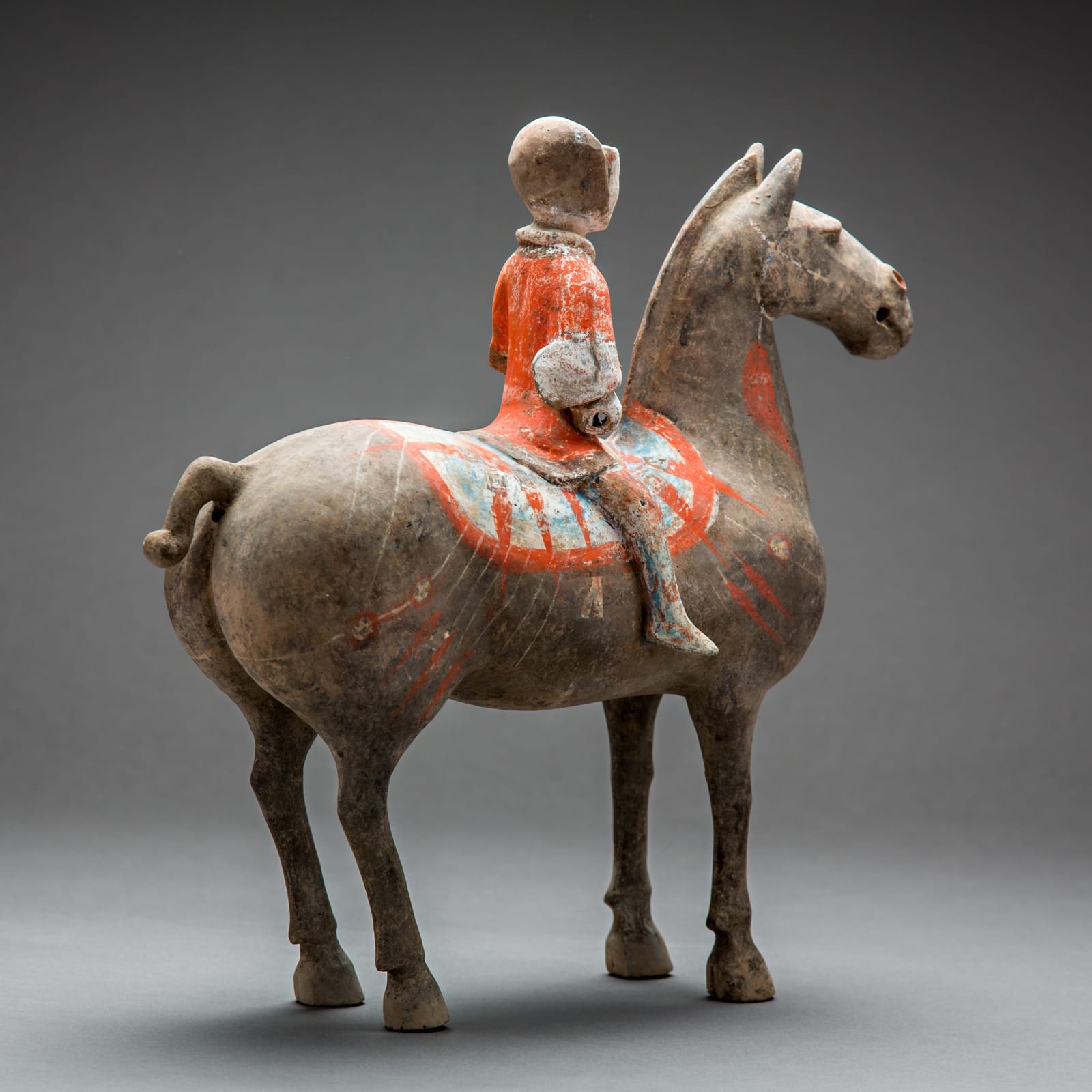 Set of Painted Terracotta Han Horse and Rider Sculptures, 206 BCE - 220 CE