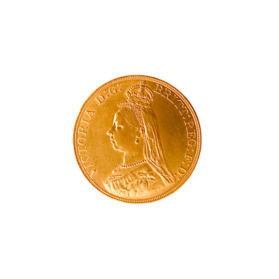 British Five Pound Gold Coin of Queen Victoria, 1887 CE