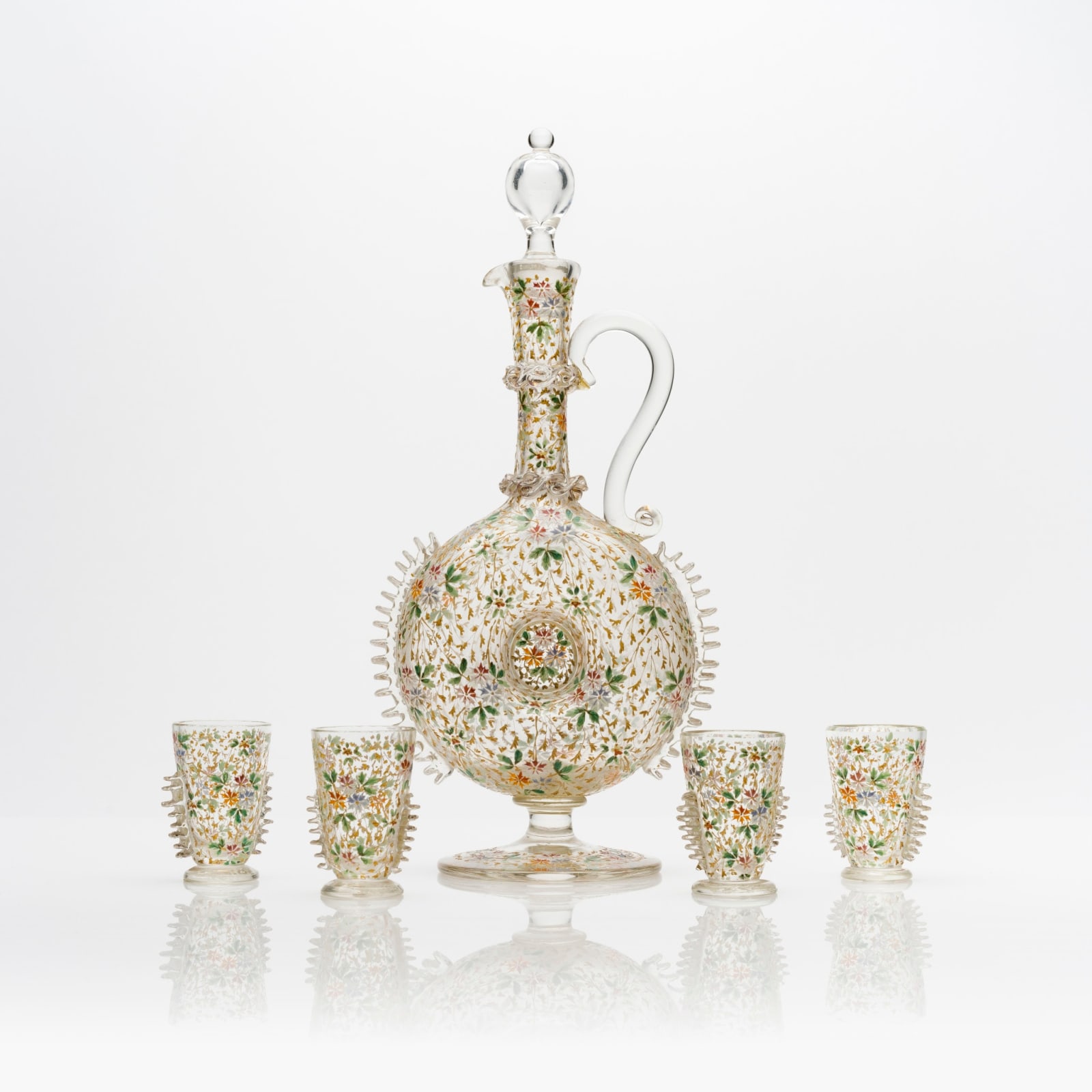 Bohemian Decanter and Stopper with Four Beakers, 19th Century