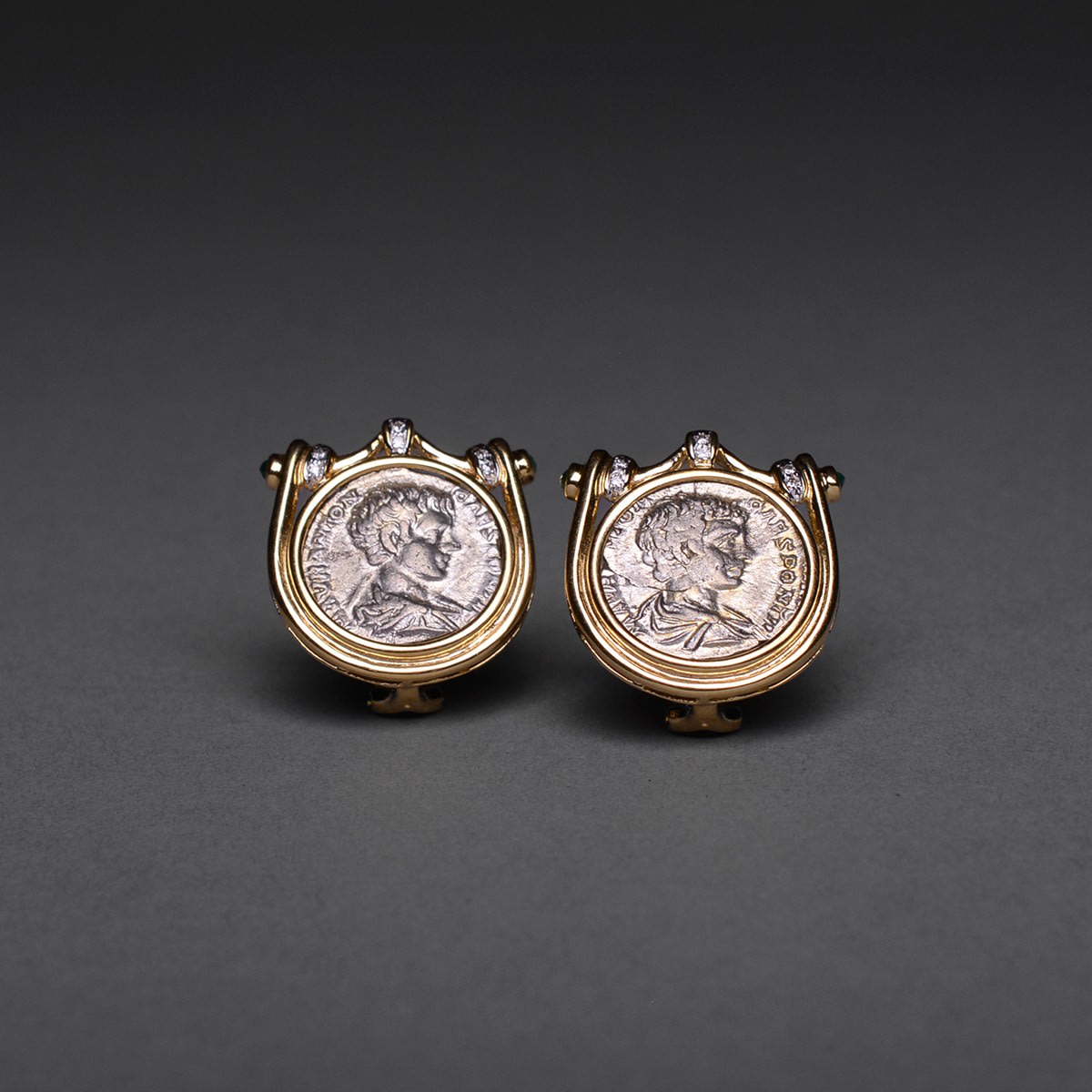 2 Siverb Coins Of Emperor Geta mounted in an 18 karat gold earrings., 209 CE - 212 CE