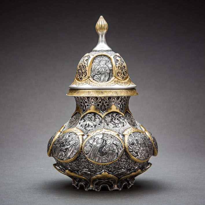 Silver gold inlaid lidded Qajar urn, 1800 BCE - 1900 CE