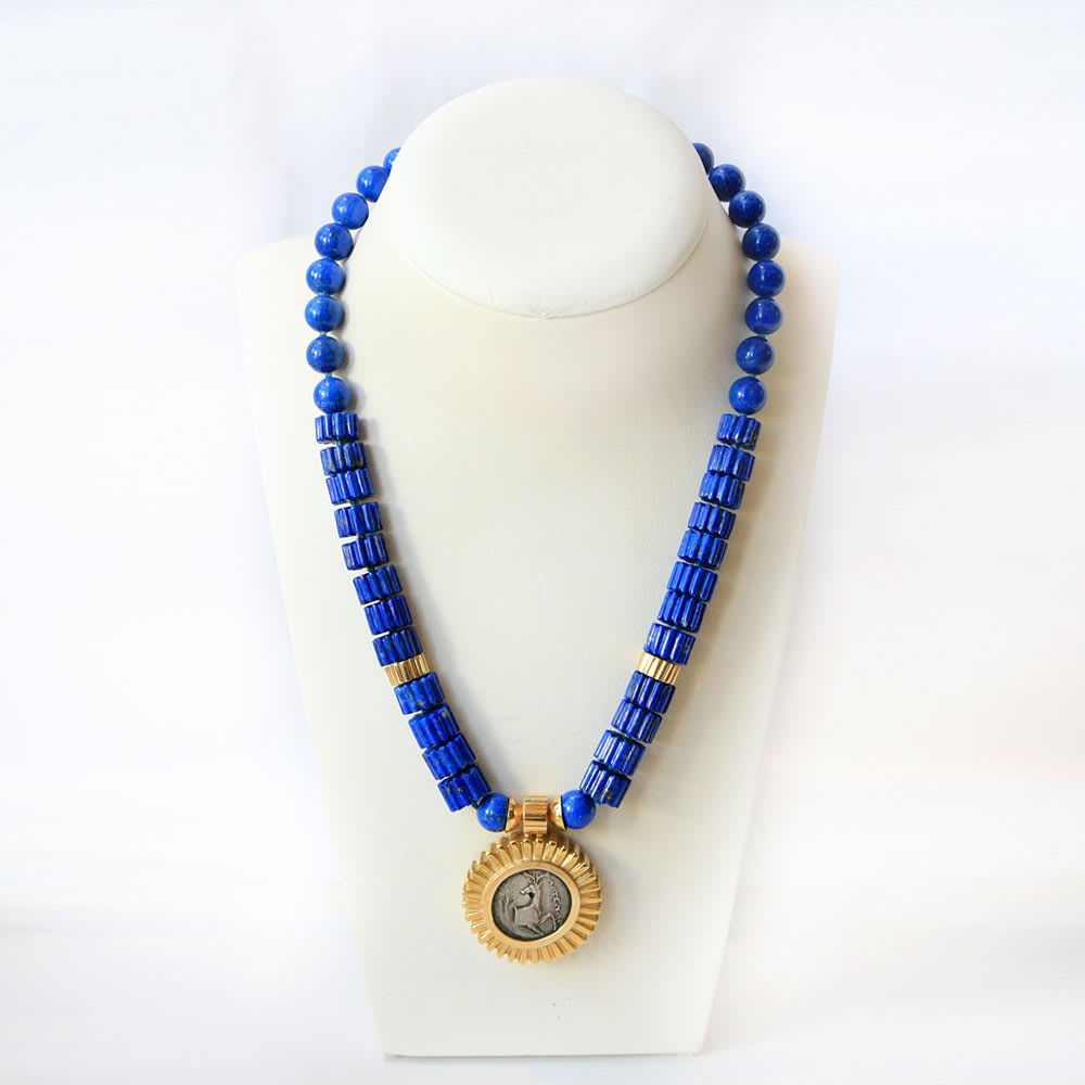 Lapis Lazuli Beaded Necklace Featuring a Silver Coin of the City of Ephesus, 202 BCE - 133 CE