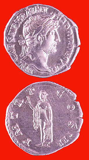 Silver Denarius of Emperor Hadrian, 117 CE - 138 CE
