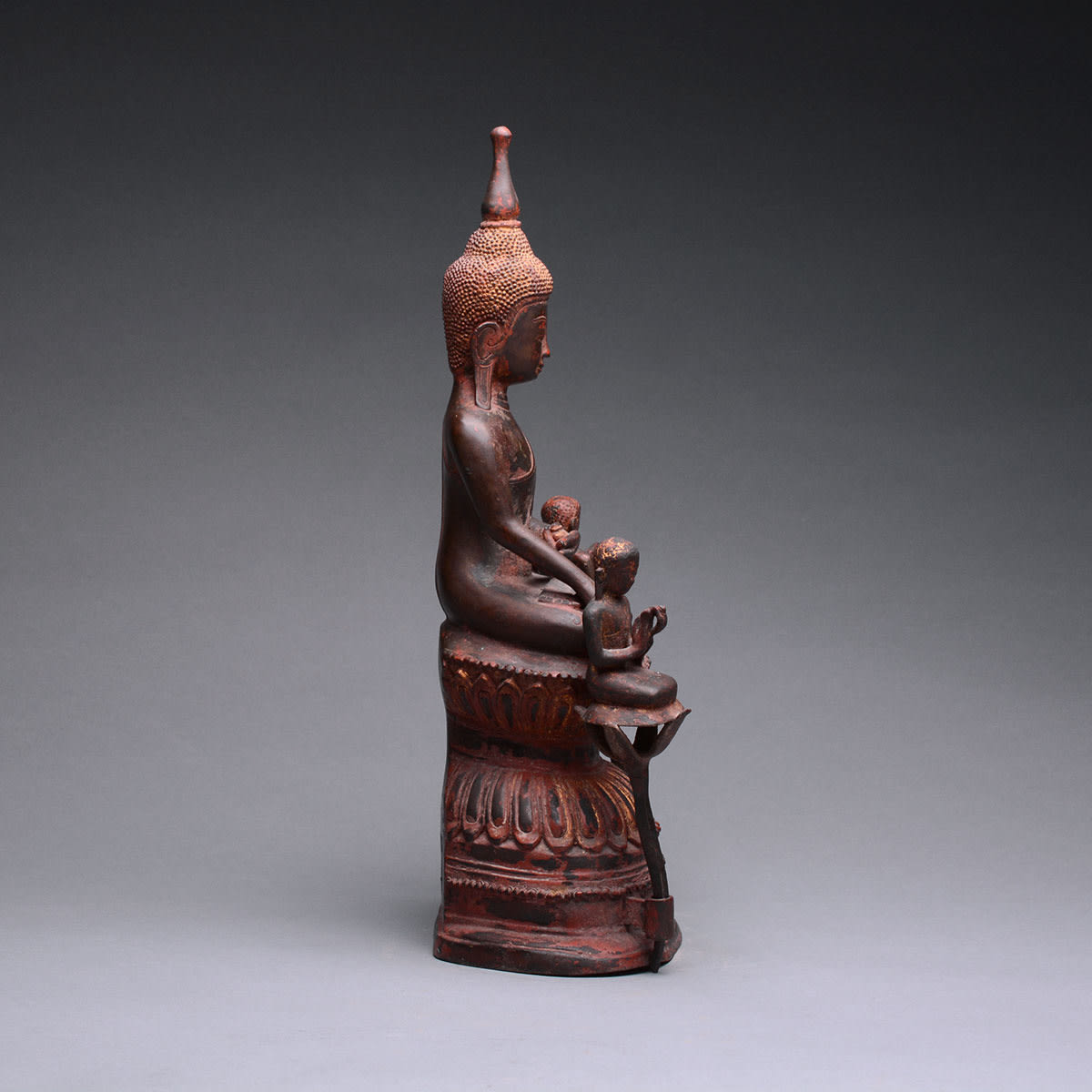 Shan Bronze Sculpture of Buddha Seated on a Double Lotus Throne with Two Disciples, 18th Century CE