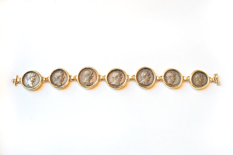 Gold Bracelet Featuring Seven Roman Silver Denarii of Emperor Hadrian, 117 CE - 138 CE