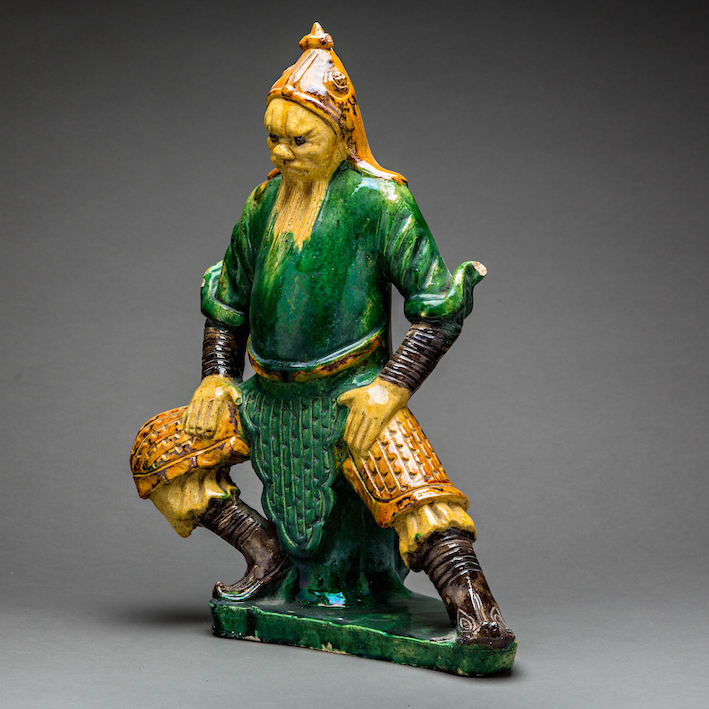 Pair of Sancai Glazed Roof Tiles in the form of Standing Warriors, 1368 CE - 1644 CE