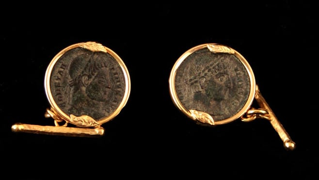 Gold Cufflinks Featuring Roman Bronze Coins of Emperor Constantine the Great, 307 CE - 337 CE
