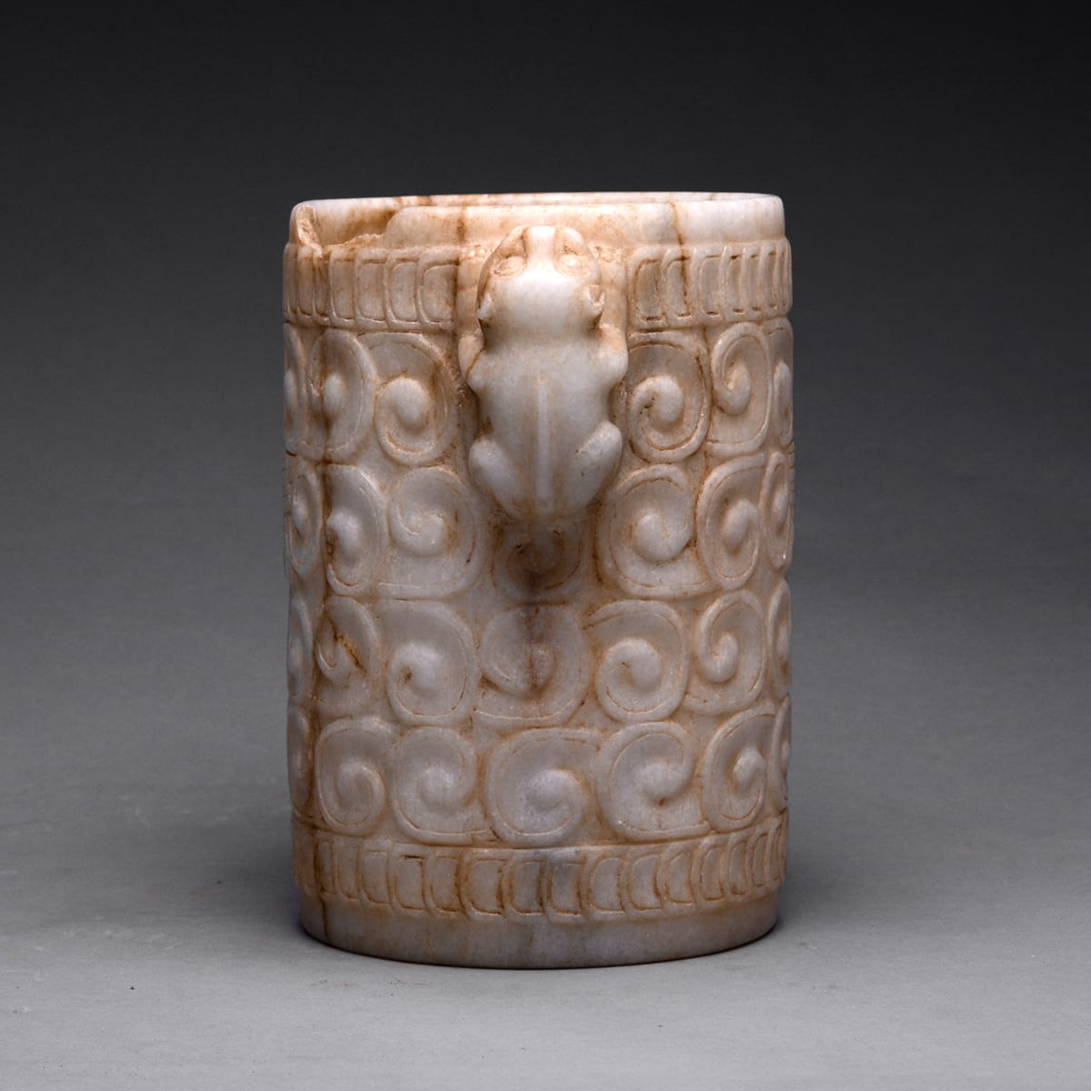 Mayan Marble Cylindrical Vase with Jaguar Handles, 500 CE - 900 CE