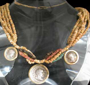 Faience Beaded Necklace Featuring Three Roman Silver Denarii, 98 CE - 244 CE