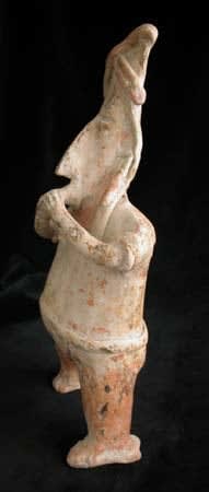 San Juanito Style Jalisco Terracotta Standing Man Blowing a Whistle, 300 BCE - 300 CE