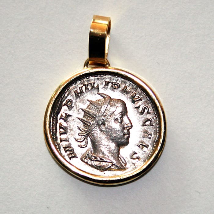Gold Pendant with Silver Denarius of Emperor Philip II, 247 CE - 249 CE
