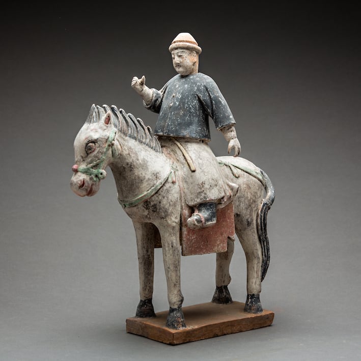 Ming Painted Terracotta Set Consisting of Five Figures and Four Horse and Riders, 1368 CE - 1644 CE