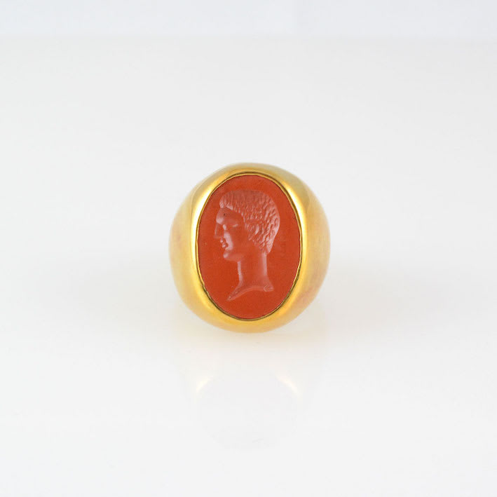 Gold Ring Featuring a Classical Revival Red Jasper Seal Depicting a Roman Emperor, 1700 CE - 1900 CE