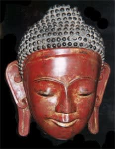 Shan Gilt and Red Lacquered Wooden Head of Buddha, 17th Century CE