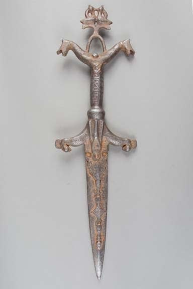 Dagger with intricate hilt representing two schematic riders on horses