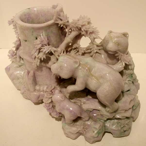 Lavender Jade Brush Pot with Bears, 20th Century CE