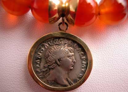 Carnelian Beaded Necklace Featuring a Roman Silver Denarius of Emperor Trajan, 98 CE - 117 CE