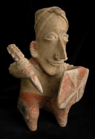 Ameca-Ezatlán Style Jalisco Terracotta Seated Warrior Holding a Spear and Shield, 300 BCE - 300 CE