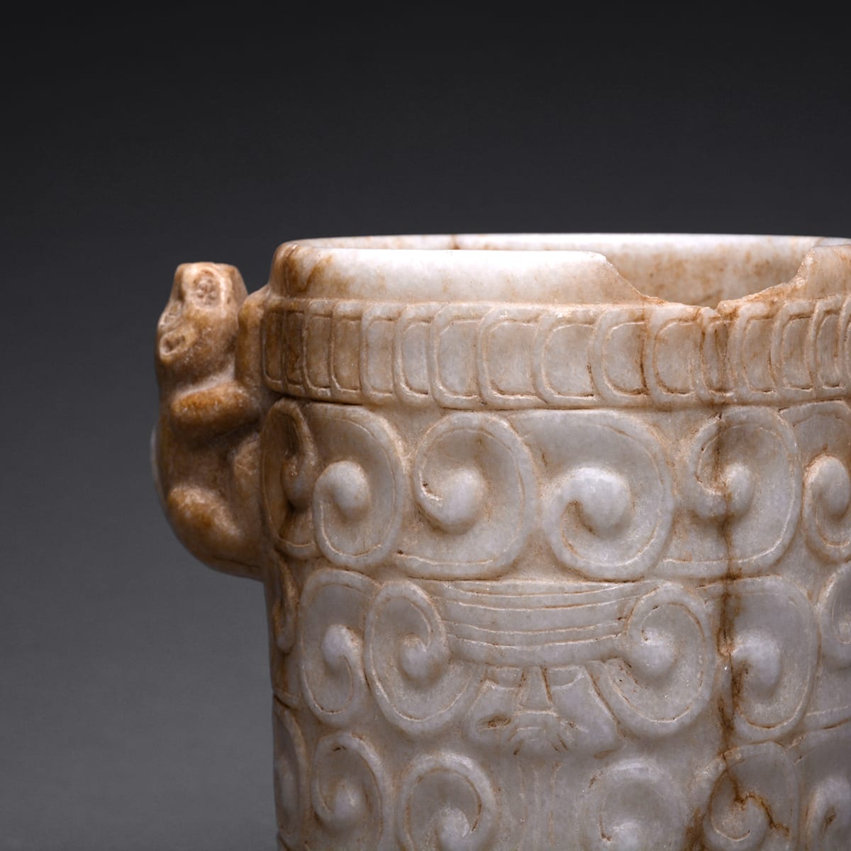 Mayan Marble Cylindrical Vase with Jaguar Handles, 500 CE - 900 CE