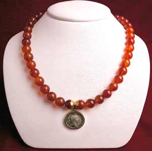 Carnelian Beaded Necklace Featuring a Roman Silver Denarius of Emperor Trajan, 98 CE - 117 CE