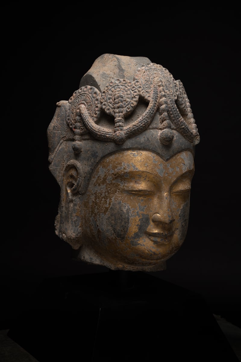 Sui Gilt-Stone Head of a Bodhisattva, possibly Maitreya, 581 CE - 618 CE