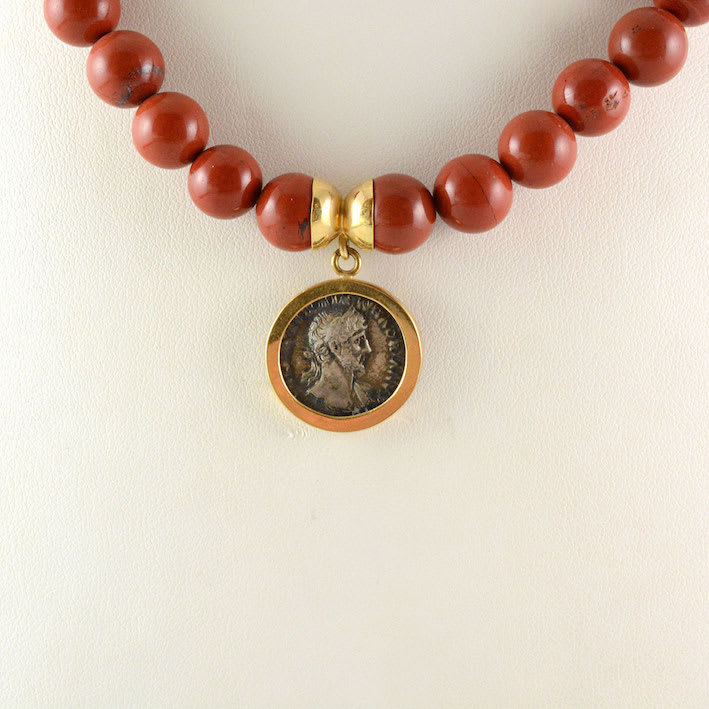 Red Jasper Bead Necklace Featuring a Silver Denarius of Roman Emperor Hadrian, 117 CE - 138 CE