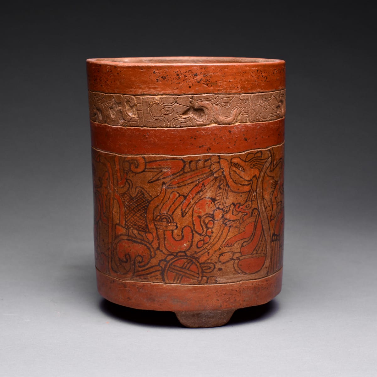 Mayan Polychrome Engraved Cylindrical Vase, 500 CE - 900 CE