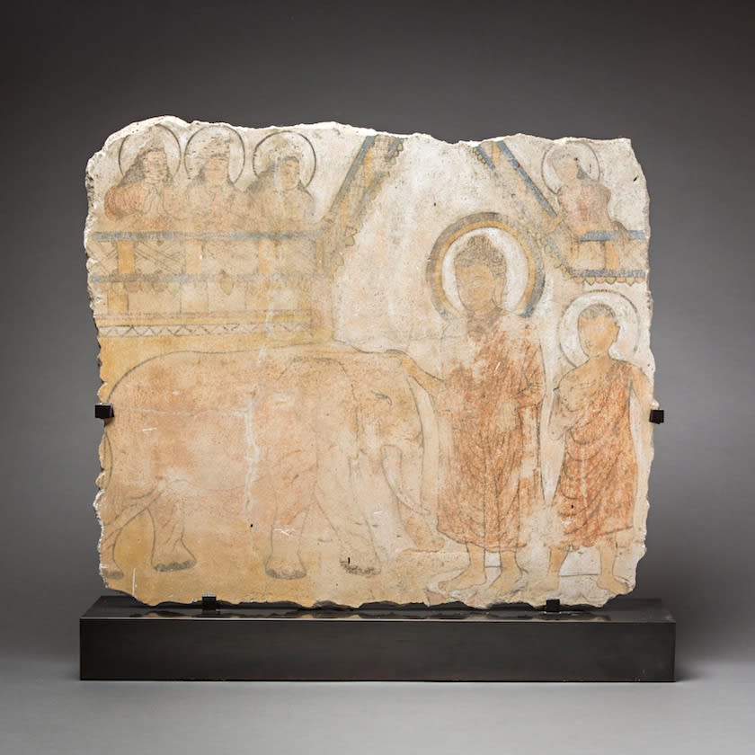 Gandharan Fresco, Depicting the Buddha taming an Elephant, First to Fifth Century AD