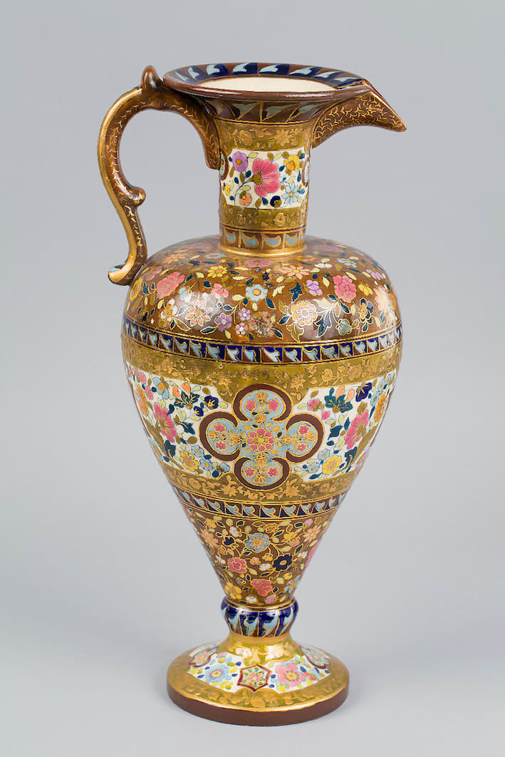 Hand decorated and gilded ceramic Fischer pitcher, 19th Century CE