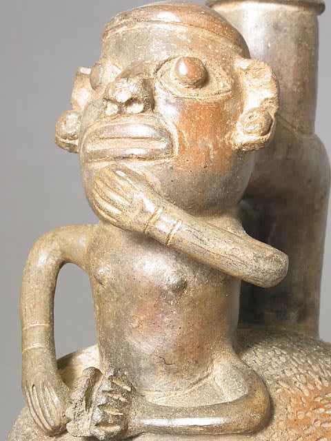 Chavin Greyware Stirrup Vessel Depicting a Seated Man, 700 BCE - 300 CE