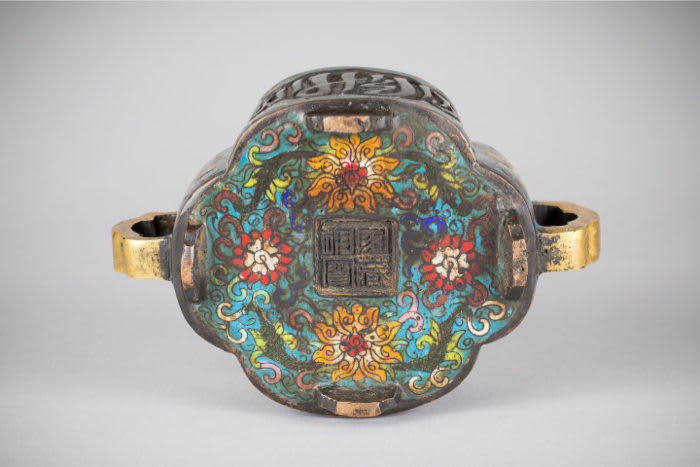 Bronze enamelled double-handled vessel