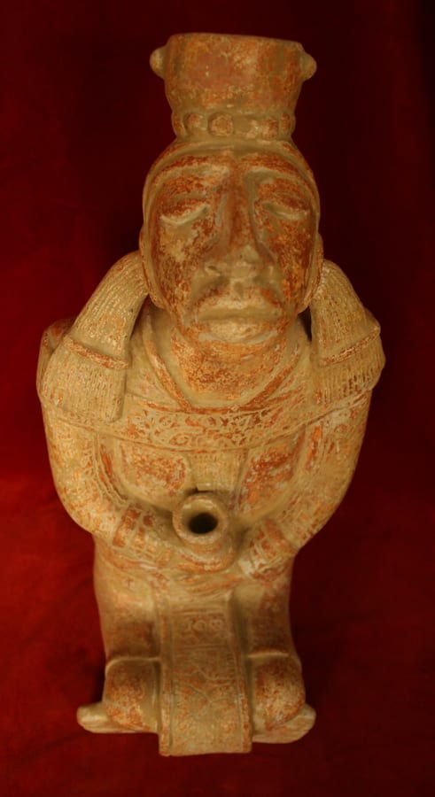 Mayan Style Sculpture of a Seated Man Holding a Cup, 6th Century CE - 9th Century CE