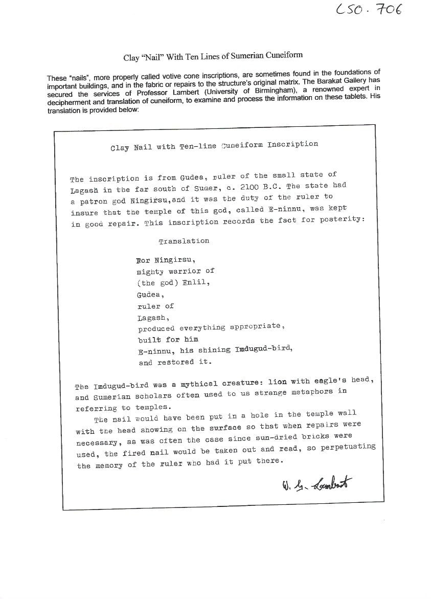 Clay Nail with Ten-Line Cuneiform Inscription, 2100 BCE