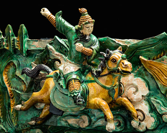 Pair of Glazed Ceramic Panels Featuring a Horse Rider Amidst Mountain Peaks, 1368 CE - 1644 CE