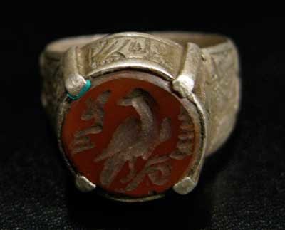 Carnelian Seal of a Bird Set in a Silver Ring