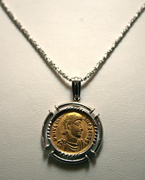 Gold Coin Of Emperor Julian II mounted on an 18 Karat White Gold Necklace, 355 CE - 360 CE