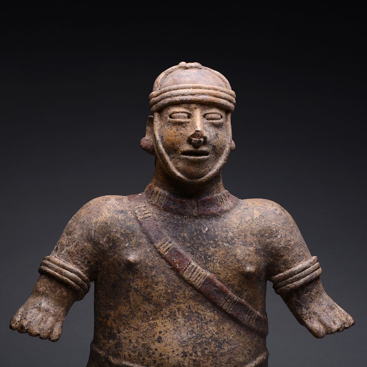 El Arenal Brown Style Jalisco Terracotta Sculpture of a Man Wearing a Helmet, 300 BCE - 300 CE