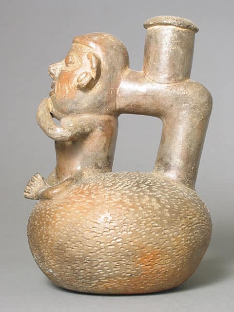 Chavin Greyware Stirrup Vessel Depicting a Seated Man, 700 BCE - 300 CE