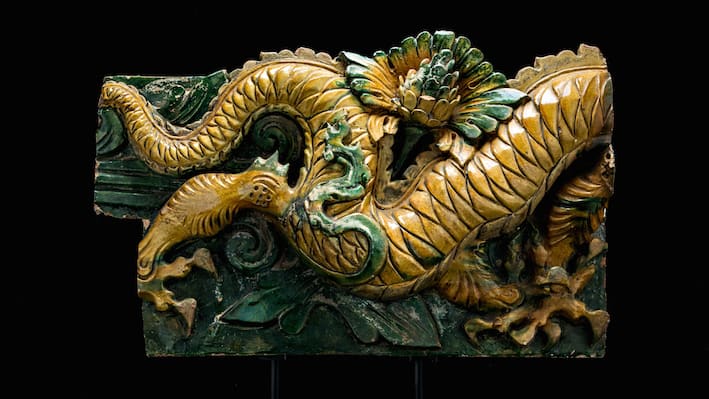 Pair of Ming Glazed Temple Wall Tiles Depicting a Dragon, 1368 CE - 1644 CE