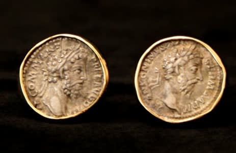 Earrings Featuring Roman Silver Coins of Emperors Commodus and Marcus Aurelius, 2nd Century CE