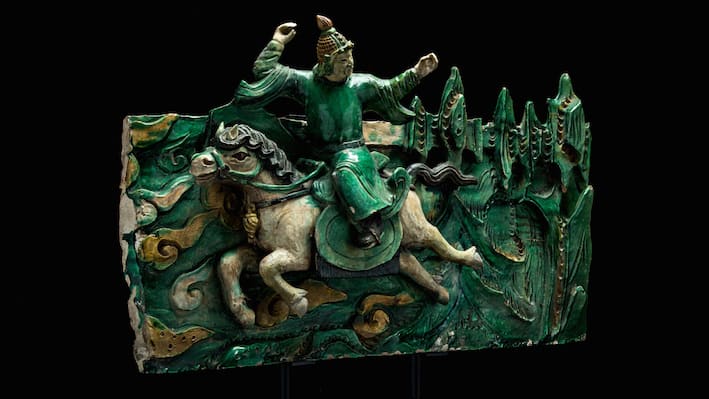 Pair of Glazed Ceramic Panels Featuring a Horse Rider Amidst Mountain Peaks, 1368 CE - 1644 CE