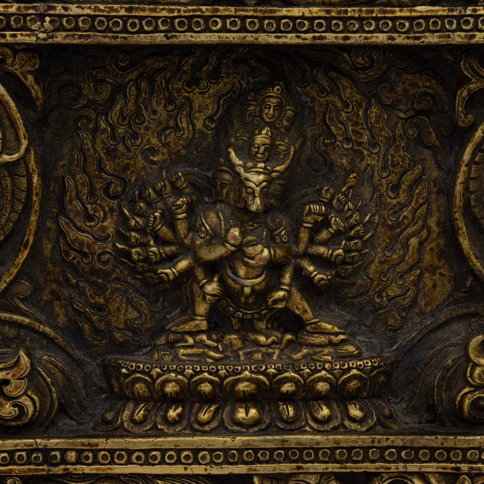Tibetan Gilt-wooden Manuscript Cover with Vajrabhairava (Yamantaka), 14th - 16th Century CE
