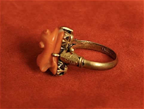 Cat Carved in Coral Set in Gilded Silver