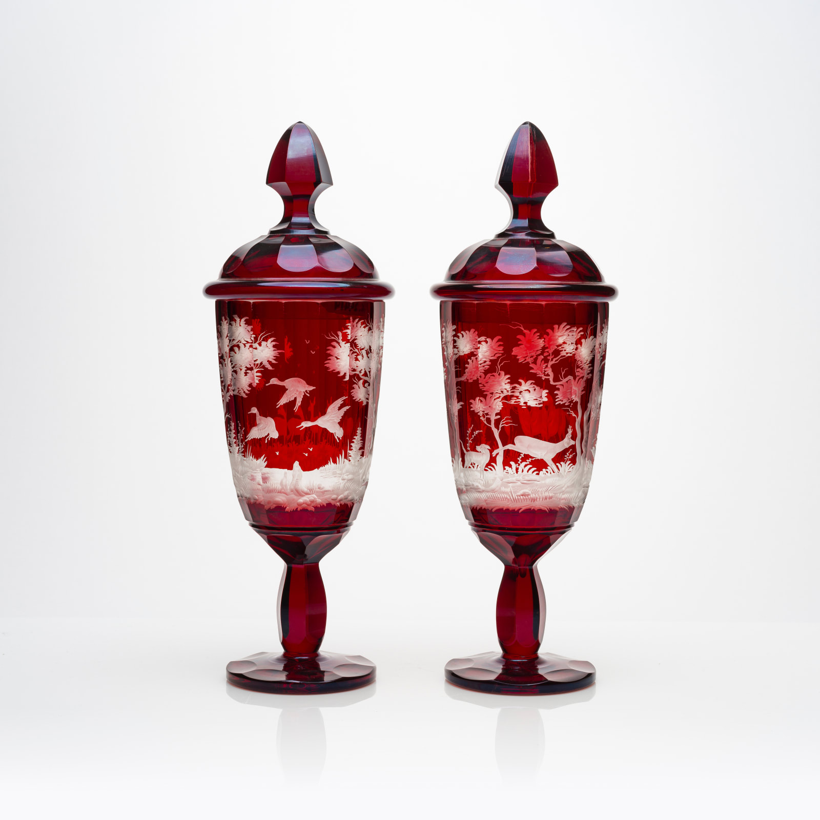 A Pair of Bohemian Cut and Engraved Cranberry Goblets, 19th Century